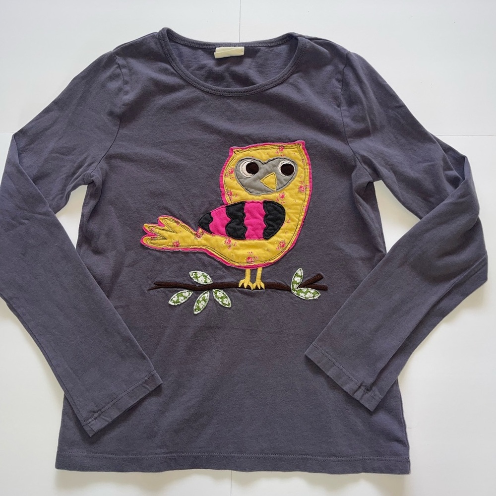 Mini Boden Girls Size 9-10 Purple Grey Owl Stitch Long Sleeve Shirt